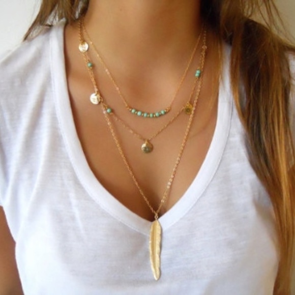Boho Feathered Turquoise Layered Necklace - Picture 1 of 8